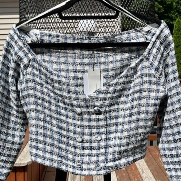 ZARA Women's Textured Off Shoulder Cropped Top Jacket Blue White Plaid Sz Large - Picture 4 of 12